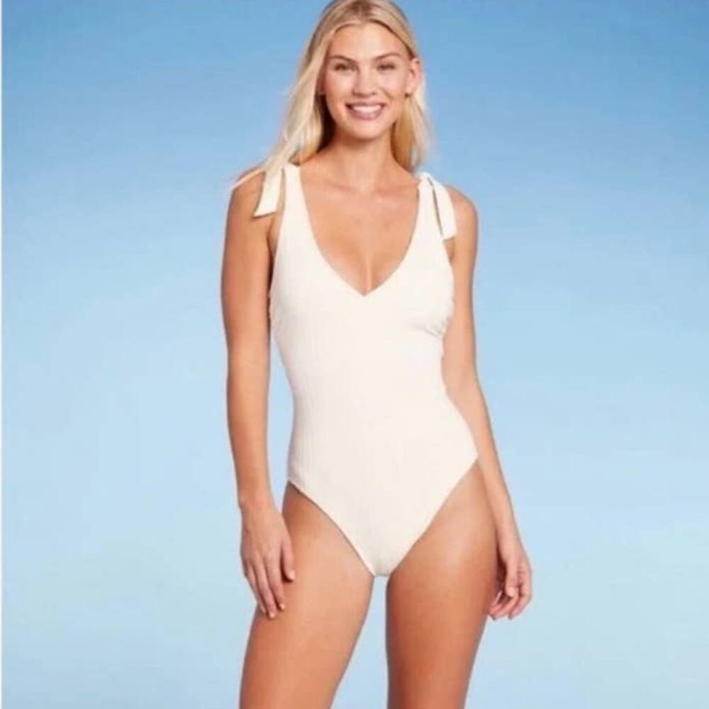 Shade & Shore Ribbed Deep V-Neck tie straps Low Coverage Off-White small NWTs